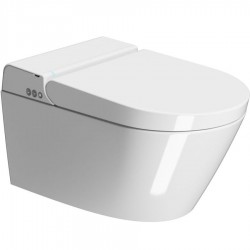 Wall-mounted toilet with shower & toilet seat, style: Wrapover smart toilet Swirlflush 59x38 surface: Glossy, color: White Wall-mounted shower-toilets
