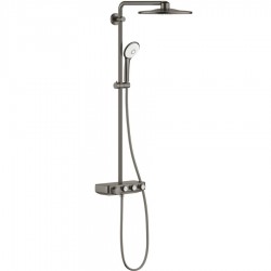 Shower tap with showerpipe and overhead shower Wall-mounted material: Brass thermostatic, color: Grey surface: Brushed Wall-mounted exposed with showerpipe and overhead shower