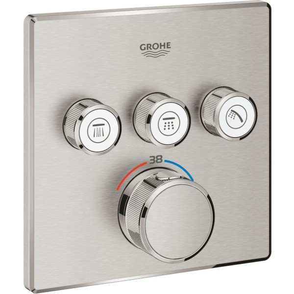 Shower tap Wall-mounted external part 3 way material: Brass thermostatic With plate with separate exits without hand shower, hose and holder, color: Chrome surface: Brushed Wall-mounted - external part