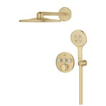 Shower tap and overhead shower Wall-mounted concealed - complete set 3 way material: Brass thermostatic, color: Gold surface: Brushed Wall-mounted with overhead shower Shower tap and overhead shower Wall-mounted concealed - complete set 3 way material: Brass thermostatic, color: Gold surface: Brushed Wall-mounted with overhead shower