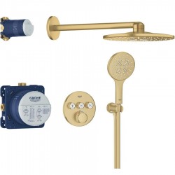 Shower tap and overhead shower Wall-mounted concealed - complete set 3 way material: Brass thermostatic, color: Gold surface: Brushed