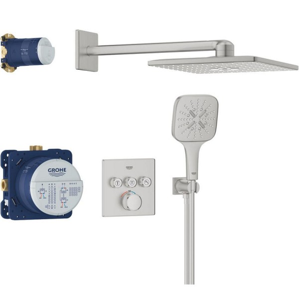 Shower tap and overhead shower Wall-mounted concealed - complete set 3 way material: Brass thermostatic, color: Chrome surface: Brushed Wall-mounted with overhead shower Shower tap and overhead shower Wall-mounted concealed - complete set 3 way material: Brass thermostatic, color: Chrome surface: Brushed Wall-mounted with overhead shower