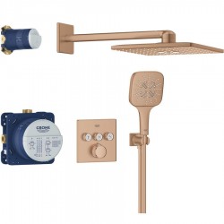 Μπαταρία ντουζιέρας και κεφαλή ντους εντοιχιζόμενη 3 εξόδων από ορείχαλκο θερμοστατική brushed warm sunset, χρώμα: Ροζ Χρυσό επιφάνεια: Βουρτσισμένη Εντοιχιζόμενες με κεφαλή