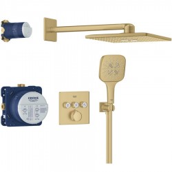 Shower tap and overhead shower Wall-mounted concealed - complete set 3 way material: Brass thermostatic, color: Gold surface: Brushed Wall-mounted with overhead shower
