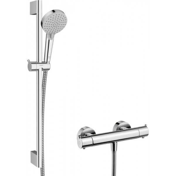 Shower tap Wall-mounted exposed material: Brass thermostatic with hand shower, hose and slider rail, color: Chrome surface: Glossy Wall-mouned exposed