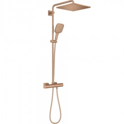 Shower tap with showerpipe and overhead shower Wall-mounted material: Brass thermostatic 31x31cm, color: Pink Gold surface: Brushed Wall-mounted exposed with showerpipe and overhead shower