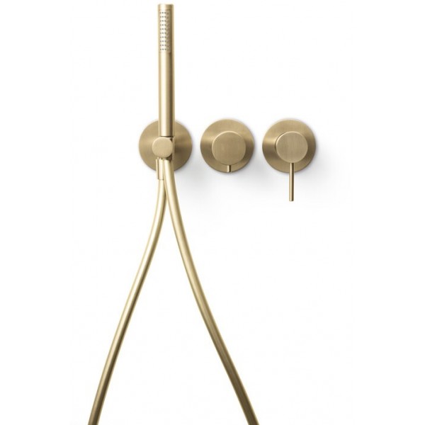 Shower tap Wall-mounted external part 2 way 3 holes material: Brass mixer with hand shower, hose and holder, color: Gold surface: Brushed Wall-mounted - external part