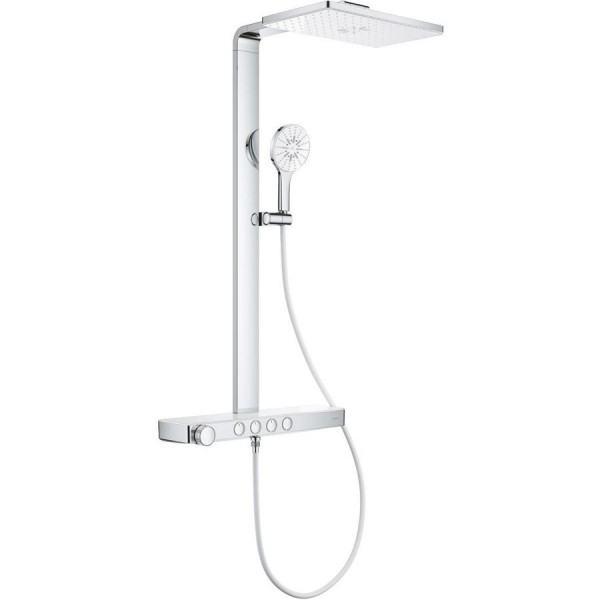 Shower tap with showerpipe and overhead shower Wall-mounted material: Brass thermostatic, color: Chrome surface: Glossy Wall-mounted exposed with showerpipe and overhead shower