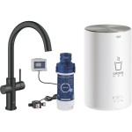 Μπαταρία κουζίνας επικαθήμενη από ορείχαλκο με φίλτρο νερού C-Spout με starter kit, με Boiler M-Size για βραστό νερό  S-Size, Velvet Black, χρώμα: Μαύρο επιφάνεια: Ματ Επικαθήμενες