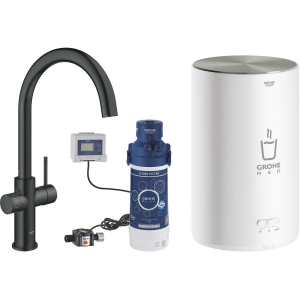 Μπαταρία κουζίνας επικαθήμενη από ορείχαλκο με φίλτρο νερού C-Spout με starter kit, με Boiler M-Size για βραστό νερό  S-Size, Velvet Black, χρώμα: Μαύρο επιφάνεια: Ματ Επικαθήμενες