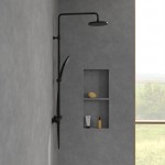 Shower tap with showerpipe and overhead shower Wall-mounted material: Brass thermostatic, color: Black surface: Matt Wall-mounted exposed with showerpipe and overhead shower