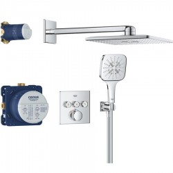 Shower tap and overhead shower Wall-mounted concealed - complete set 2 way material: Brass thermostatic, color: Chrome surface: Glossy Wall-mounted with overhead shower