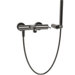 Μπαταρία μπανιέρας επίτοιχη από ορείχαλκο με τηλέφωνο, σπιράλ, στήριγμα Black Chrome αναμεικτική, χρώμα: Μαύρο επιφάνεια: Γυαλιστερή Επίτοιχες