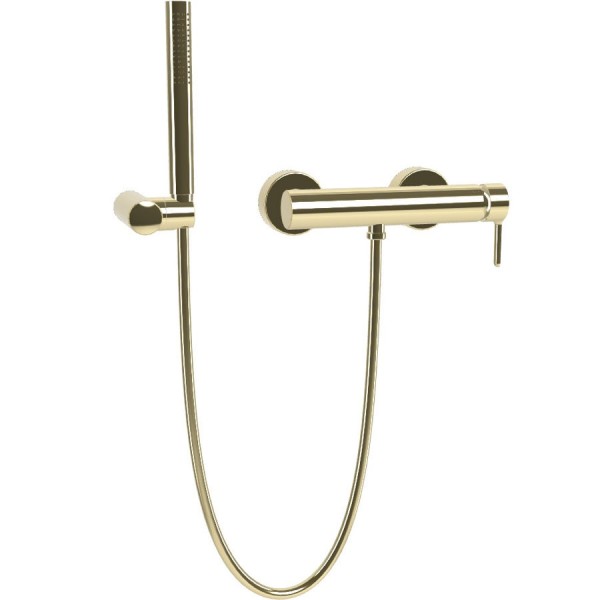 Shower tap Wall-mounted exposed material: Brass mixer with hand shower, hose and holder Champagne, color: Gold surface: Glossy Wall-mouned exposed Shower tap Wall-mounted exposed material: Brass mixer with hand shower, hose and holder Champagne, color: Gold surface: Glossy Wall-mouned exposed