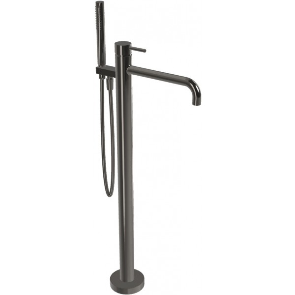 Μπαταρία μπανιέρας επιδαπέδια εξωτερικό μέρος από ορείχαλκο με τηλέφωνο stick 1 ροής & σπιράλ 1,5m, Black Chrome, χρώμα: Μαύρο επιφάνεια: Γυαλιστερή Επιδαπέδιες