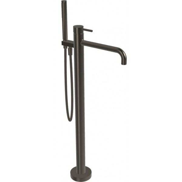 Μπαταρία μπανιέρας επιδαπέδια εξωτερικό μέρος από ορείχαλκο με τηλέφωνο stick 1 ροής & σπιράλ 1,5m, Brushed Black Chrome, χρώμα: Μαύρο επιφάνεια: Βουρτσισμένη Επιδαπέδιες