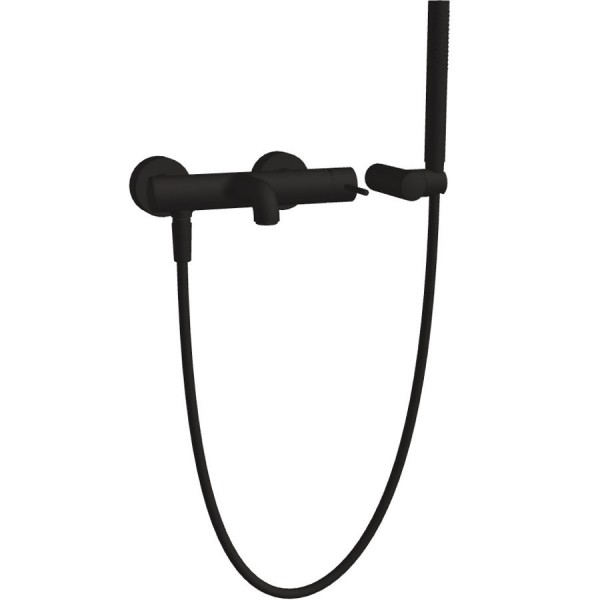 Μπαταρία μπανιέρας επίτοιχη από ορείχαλκο με τηλέφωνο, σπιράλ, στήριγμα 1 ροής, 1,50m, Black Matt αναμεικτική, χρώμα: Μαύρο επιφάνεια: Ματ Επίτοιχες