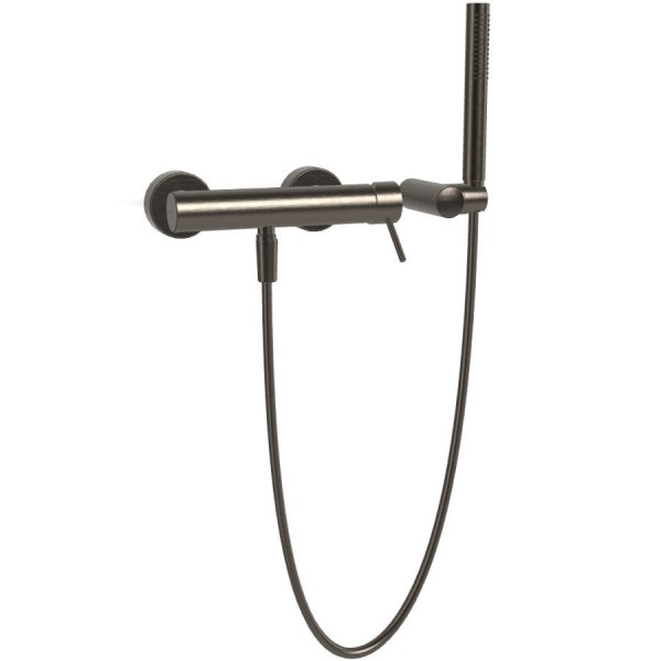 Shower tap Wall-mounted exposed material: Brass mixer with hand shower, hose and holder Brushed Black Chrome, color: Black surface: Brushed Wall-mouned exposed Shower tap Wall-mounted exposed material: Brass mixer with hand shower, hose and holder Brushed Black Chrome, color: Black surface: Brushed Wall-mouned exposed
