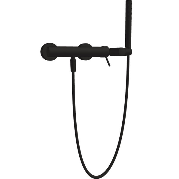 Shower tap Wall-mounted exposed material: Brass mixer with hand shower, hose and holder Black Matt, color: Black surface: Matt Wall-mouned exposed Shower tap Wall-mounted exposed material: Brass mixer with hand shower, hose and holder Black Matt, color: Black surface: Matt Wall-mouned exposed