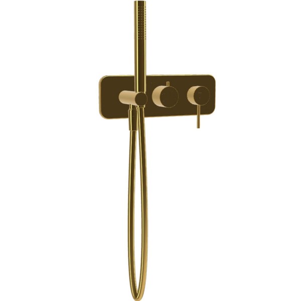 Shower tap Wall-mounted external part 2 way material: Brass mixer with hand shower, hose and holder With plate Gold, color: Gold surface: Glossy Wall-mounted - external part