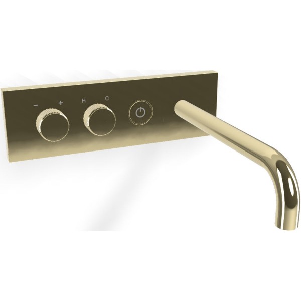 Wash basin tap Wall-mounted - external part mixer With plate With push-open waste set, color: Gold Champagne on/off push button material: Brass surface: Glossy Wall-mounted - external part