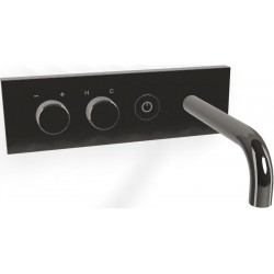 Μπαταρία νιπτήρος εντοιχιζόμενη - εξωτερικό μέρος αναμεικτική με βαλβίδα push-open  με πλακέτα, χρώμα: Μαύρο από ορείχαλκο με ρουξούνι 15,7cm δεξιά, on/off push button, Black Chrome επιφάνεια: Γυαλιστερή Εντοιχιζόμενες εξωτερικό μέρος