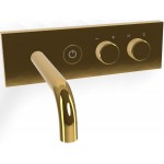 Wash basin tap Wall-mounted - external part mixer With plate With push-open waste set, color: Gold Gold on/off push button material: Brass surface: Glossy Wall-mounted - external part