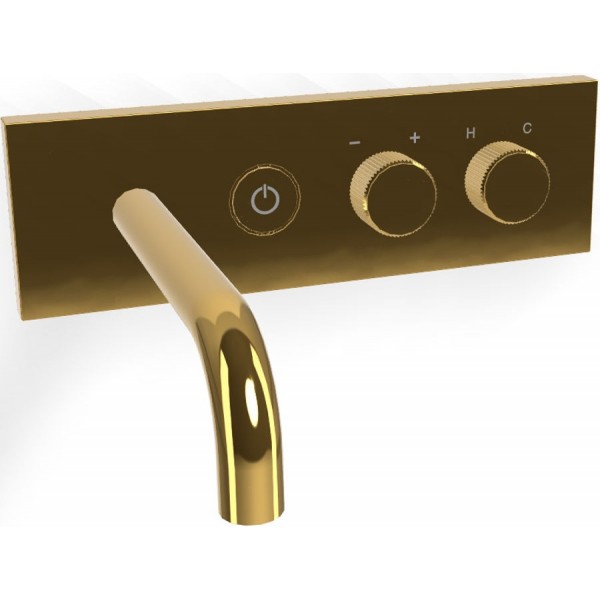 Wash basin tap Wall-mounted - external part mixer With plate With push-open waste set, color: Gold Gold on/off push button material: Brass surface: Glossy Wall-mounted - external part