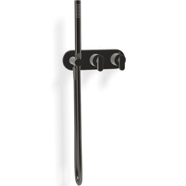 Shower tap Wall-mounted external part 2 way material: Brass thermostatic with hand shower, hose and holder With plate, color: Black surface: Glossy Wall-mounted - external part