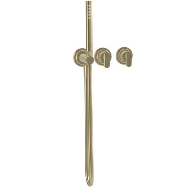 Shower tap Wall-mounted external part 2 way 3 holes material: Brass mixer with hand shower, hose and holder, color: Gold surface: Brushed Wall-mounted - external part