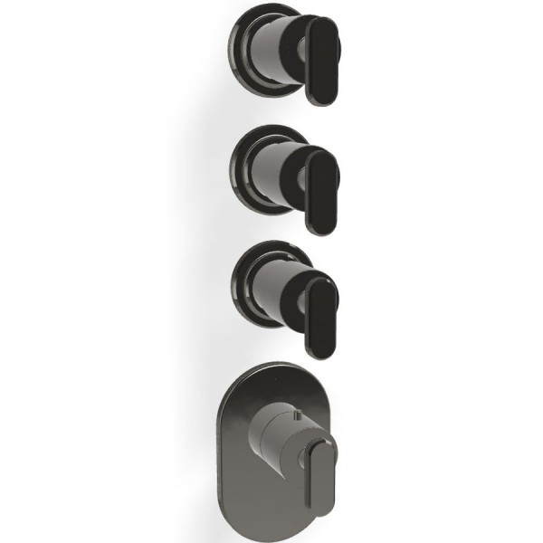 Shower tap Wall-mounted external part 3 way 4 holes material: Brass thermostatic with separate exits without hand shower, hose and holder, color: Black surface: Glossy Wall-mounted - external part