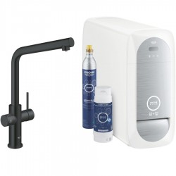 Μπαταρία κουζίνας επικαθήμενη από ορείχαλκο με φίλτρο νερού  L-Spout με starter kit S-Size, νερό 3 τύπων, ανθρακούχο, με ψύκτη & bluetooth, Black Matt, χρώμα: Μαύρο επιφάνεια: Ματ Επικαθήμενες