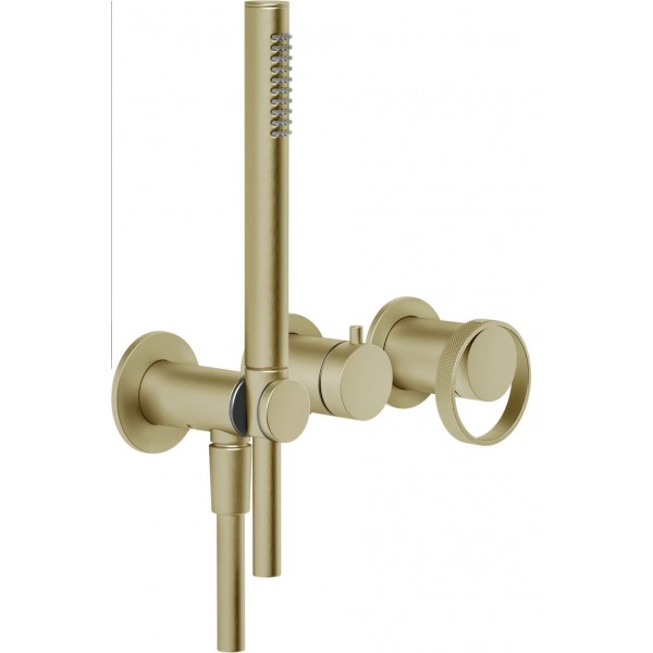 Shower tap Wall-mounted external part 2 way 3 holes material: Brass mixer with hand shower, hose and holder, color: Gold surface: Brushed Wall-mounted - external part