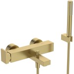 Bathtub tap Wall-mounted exposed material: Brass with hand shower, hose and holder mixer, color: Gold surface: Brushed Wall-mouned exposed