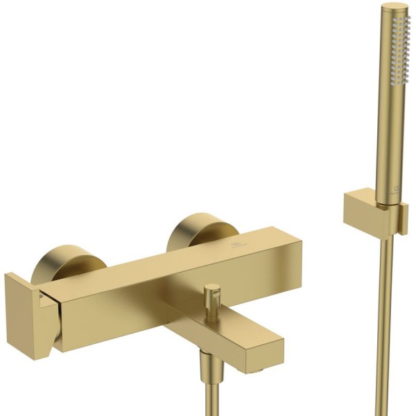 Bathtub tap Wall-mounted exposed material: Brass with hand shower, hose and holder mixer, color: Gold surface: Brushed Wall-mouned exposed