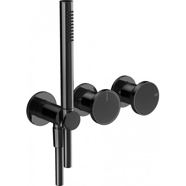 Shower tap Wall-mounted external part 2 way 3 holes material: Brass mixer with hand shower, hose and holder Black Metal PVD, color: Black surface: Glossy Wall-mounted - external part