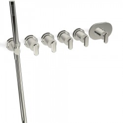 Μπαταρία ντουζιέρας εντοιχιζόμενη εξωτερικό μέρος 4 εξόδων 6 οπών από ορείχαλκο θερμοστατική με ξεχωριστές εξόδους με τηλέφωνο, σπιράλ, στήριγμα 1,50m Nickel Lucido, χρώμα: Χρωμέ επιφάνεια: Γυαλιστερή Εντοιχιζόμενες εξωτερικό μέρος