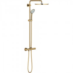 Shower tap with showerpipe and overhead shower Wall-mounted material: Brass thermostatic, color: Gold surface: Glossy Wall-mounted exposed with showerpipe and overhead shower