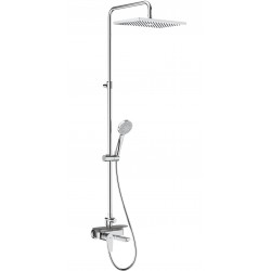 Μπαταρία μπανιέρας με βέργα και κεφαλή ντους επίτοιχη αναμεικτική από ορείχαλκο Square, με ράφι, 24x36cm, χρώμα: Χρωμέ επιφάνεια: Γυαλιστερή Επίτοιχες με βέργα και κεφαλή ντους