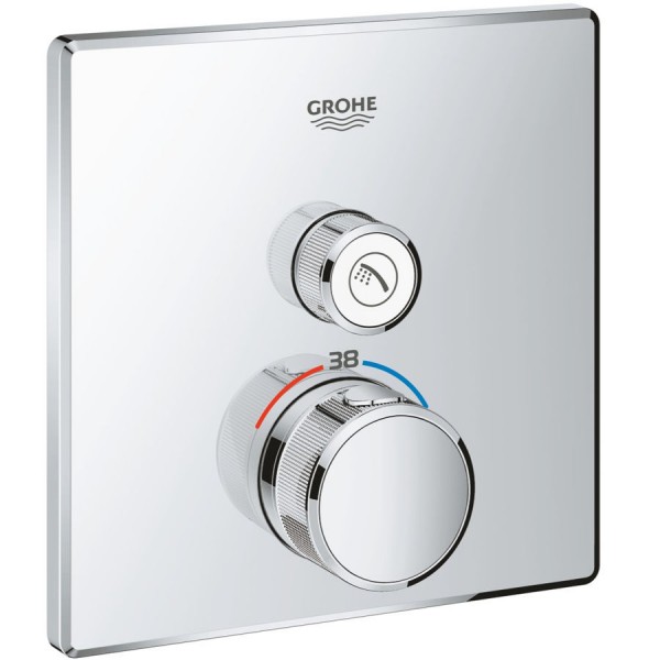 Shower tap Wall-mounted external part 1 way material: Brass thermostatic With plate without hand shower, hose and holder, color: Chrome surface: Glossy
