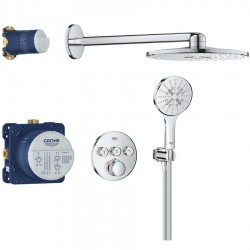 Μπαταρία ντουζιέρας και κεφαλή ντους εντοιχιζόμενη 3 εξόδων από ορείχαλκο θερμοστατική Φ31cm, 2 ροών, χρώμα: Χρωμέ επιφάνεια: Γυαλιστερή Εντοιχιζόμενες με κεφαλή