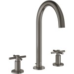 Wash basin tap Deck-mounted dual-level L size material: Brass With push-open waste set, color: Grey surface: Brushed Deck-mounted Wash basin tap Deck-mounted dual-level L size material: Brass With push-open waste set, color: Grey surface: Brushed Deck-mounted