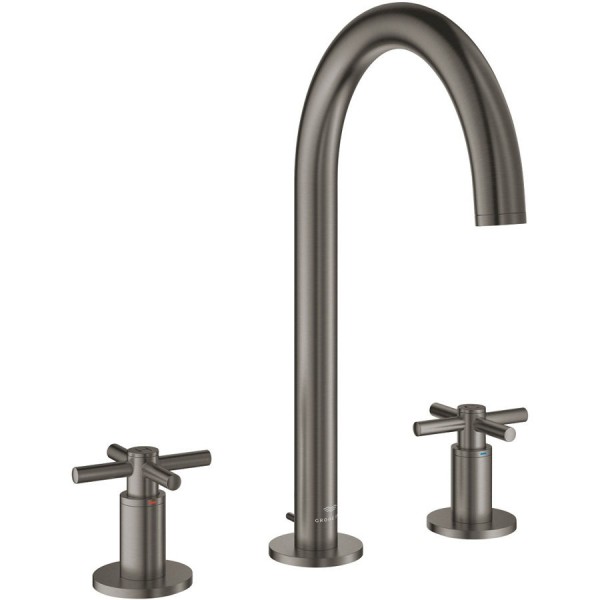Wash basin tap Deck-mounted dual-level L size material: Brass With push-open waste set, color: Grey surface: Brushed Deck-mounted Wash basin tap Deck-mounted dual-level L size material: Brass With push-open waste set, color: Grey surface: Brushed Deck-mounted