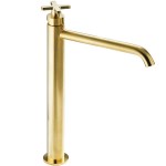 Wash basin tap Deck-mounted for free-standing washbasin material: Brass mixer With push-open waste set, color: Gold surface: Brushed Deck-mounted Wash basin tap Deck-mounted for free-standing washbasin material: Brass mixer With push-open waste set, color: Gold surface: Brushed Deck-mounted