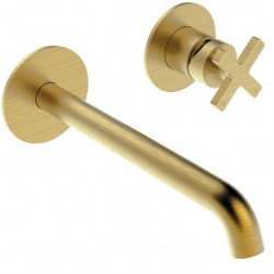 Wash basin tap Wall-mounted concealed - complete set 2 holes material: Brass Without waste 17,9cm, color: Gold surface: Brushed Wall-mounted - external part