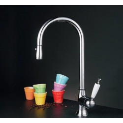 Μπαταρία κουζίνας επικαθήμενη από ορείχαλκο με ντους 2 ροών, C-Spout, χρώμα: Χρωμέ επιφάνεια: Γυαλιστερή Επικαθήμενες