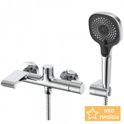 Μπαταρία μπανιέρας επίτοιχη από ορείχαλκο με τηλέφωνο, σπιράλ, στήριγμα αναμεικτική, χρώμα: Χρωμέ επιφάνεια: Γυαλιστερή Επίτοιχες