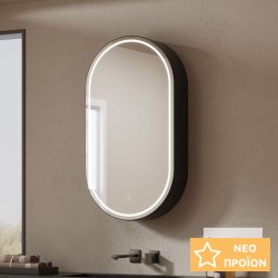 Καθρέπτης, σχήμα: Κάψουλα 50x90 από ξύλο συνθετικό με ντουλάπι & φωτισμό Led, Black Matt, χρώμα: Μαύρο Καθρέπτες μπάνιου