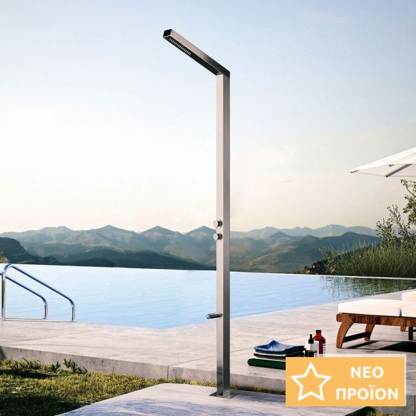 Στήλη ντους εξωτερικού χώρου από inox Η210cm, 2 εξόδων AISI 316, χρώμα: Χρωμέ επιφάνεια: Βουρτσισμένη Εξωτερικού χώρου