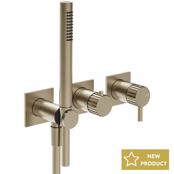 Shower tap Wall-mounted external part 2 way 3 holes material: Brass mixer with hand shower, hose and holder, color: Chrome surface: Brushed